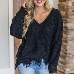 Black V-Neck Frayed Hem Sweater